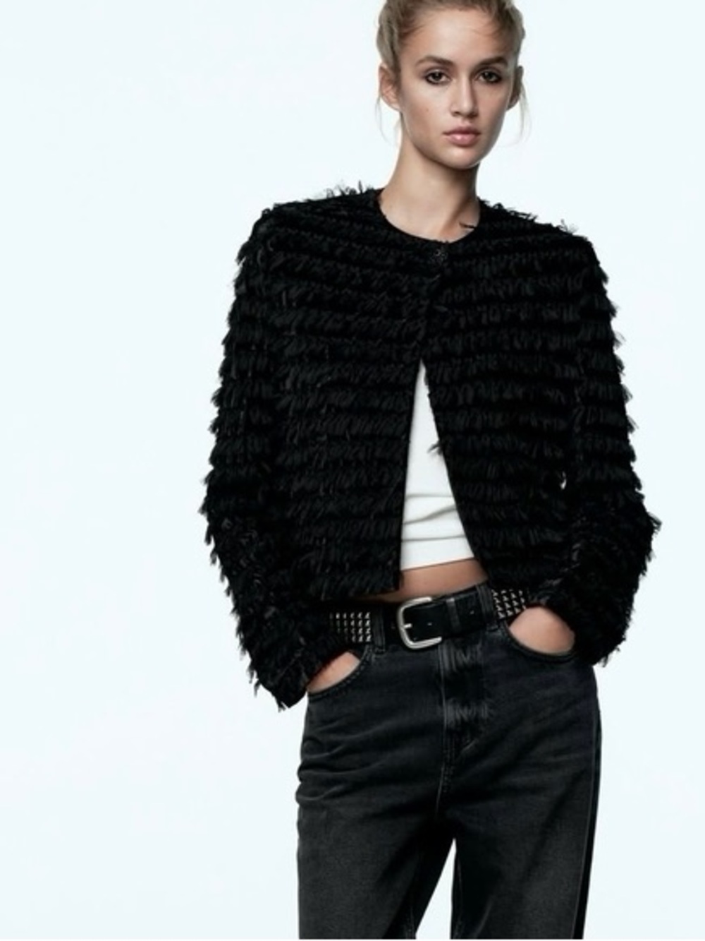 Zara Black Textured Fringe Cropped Jacket
